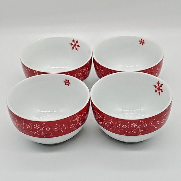 Clay Art Red Snowflake White Scroll Ceramic Bowls - Picture 4 of 7